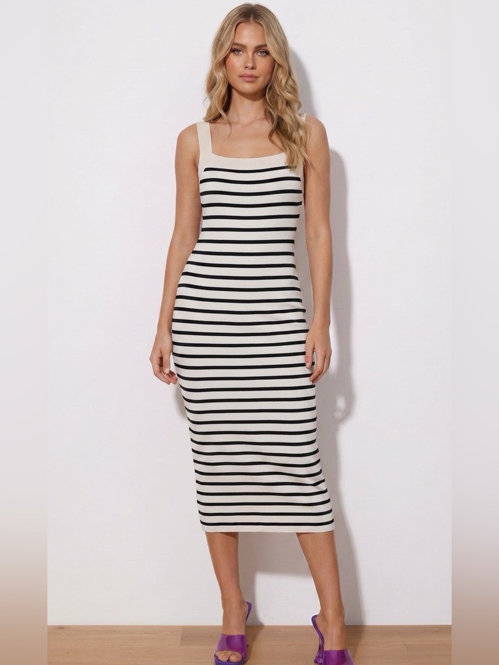LOFT Cream and Black Striped Square-Neck Midi Dress